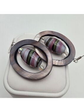 Sterling Silver 925 Oval Dangle Earrings Purple Shell Glass Bead